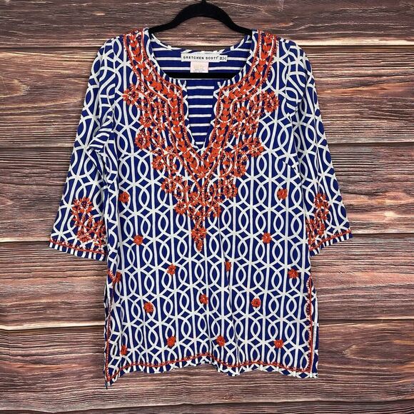 Gretchen Scott Blue Orange Stripe Embroidered Tunic Top Womens Size Medium M - Picture 2 of 7